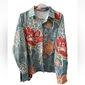 Mulla Hawaiian Tropical Blouse Top Women’s M Green Orange Flower Linen Blend